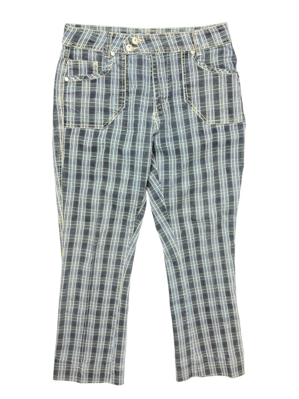 Y2K Apollo Jeans Plaid Blue + Black Boot Cut Denim Boot Cut Pants Size 13/14